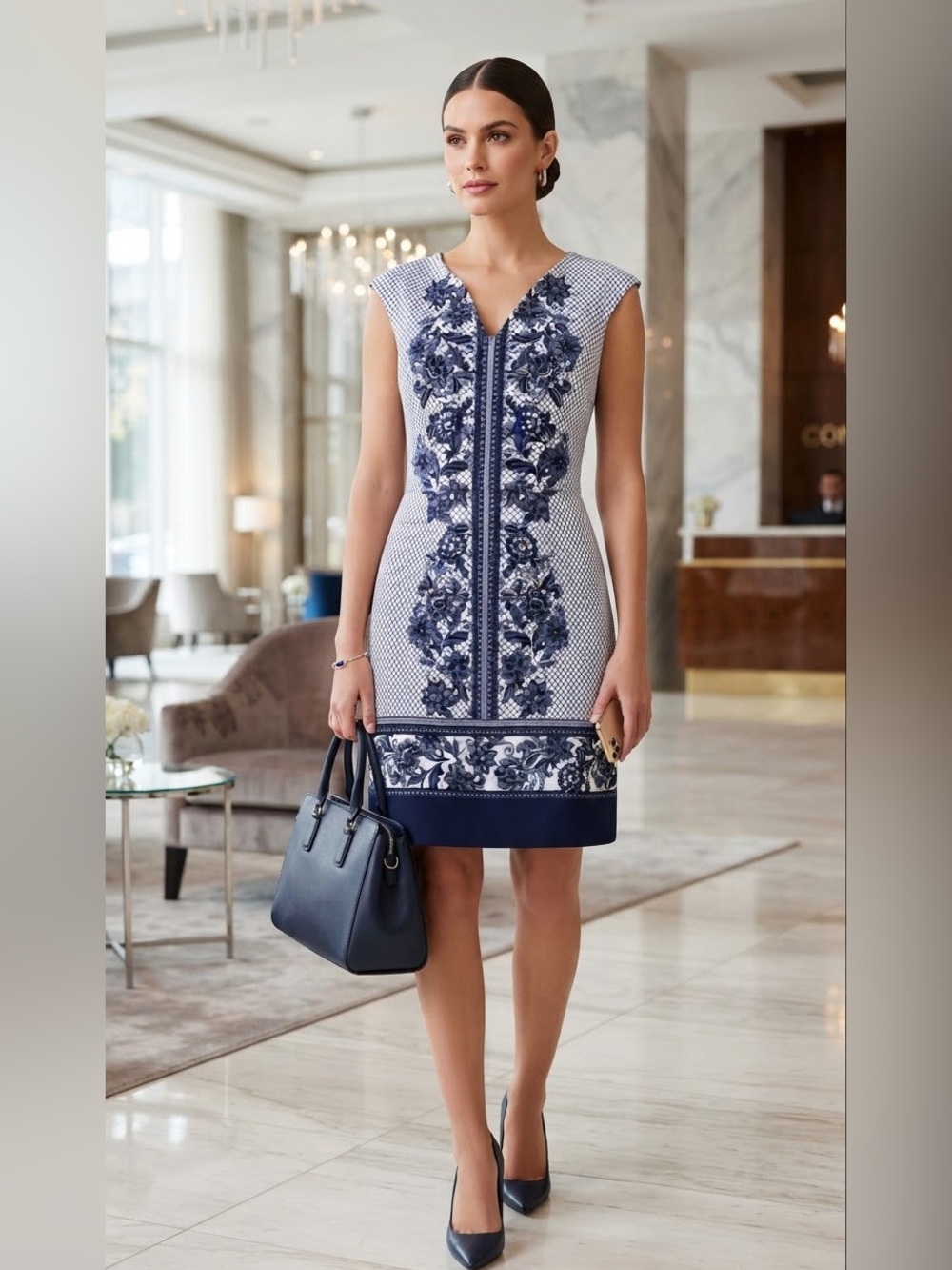 Enfocus Studio White & Navy Floral Embroidery Boho Print Sheath Dress Size 14